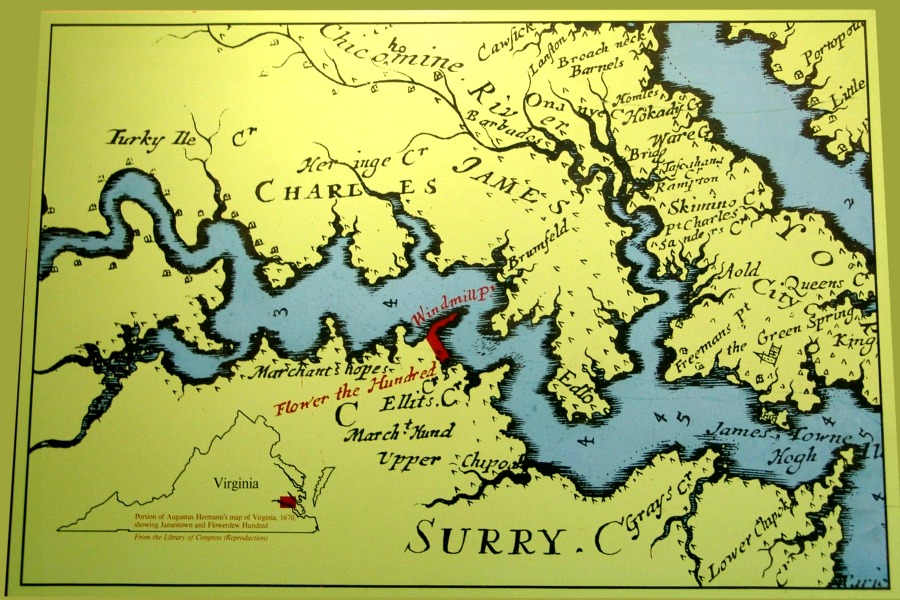 Flowerdew Hundred's Location on the James River - click on photo to see larger pdf