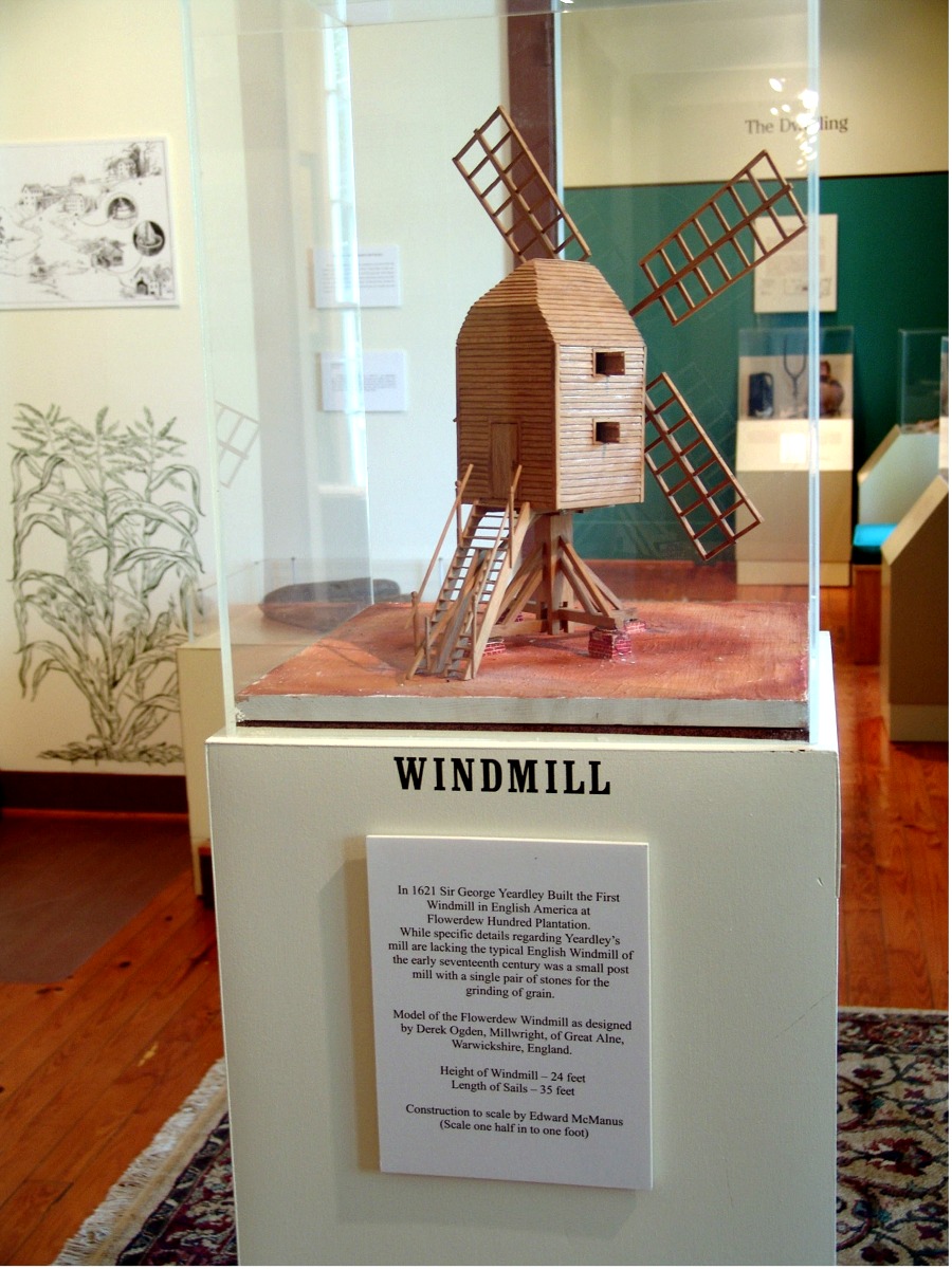 Model of windmill replica on Flowerdew Hundred site - click for larger pdf version so you can read the inscription...